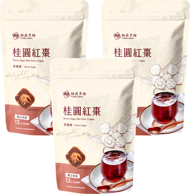 糖鼎 桂圓紅棗黑糖磚, 30g, 13顆, 3袋