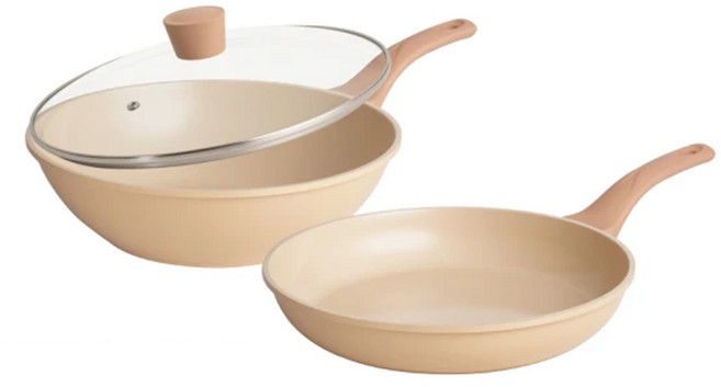 Queen Chef CREAM 韓國厚釜鑄造米陶瓷不沾鍋雙鍋3件組 炒鍋 + 平底鍋 + 蓋, 奶油棕, 1組