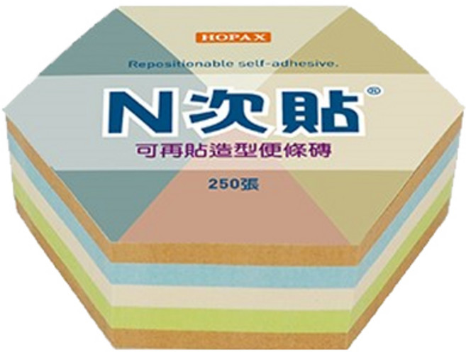 N次貼 可再貼造型便條磚 61*70mm 250張, 1本, 六角形 多色