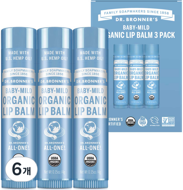 닥터브로너스 베이비 마일드 오가닉 립밤, 베이비마일드, 4g, 6개