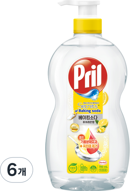 프릴 베이킹소다 주방세제 퓨어 레몬, 700ml, 6개