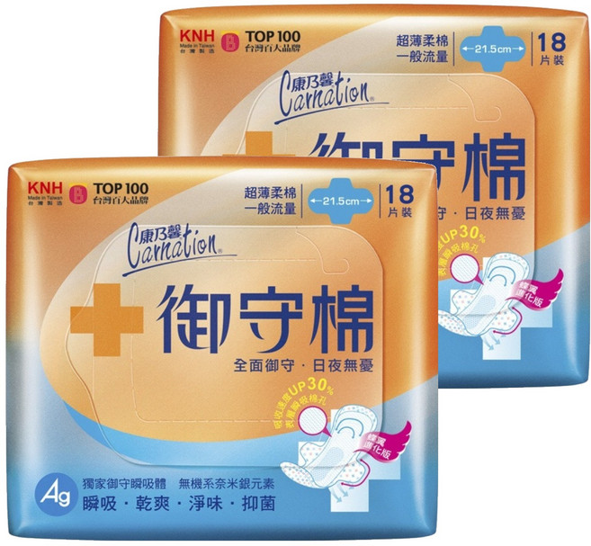 康乃馨 御守棉 超薄柔棉一般流量衛生棉, 21.5cm, 18片, 2包
