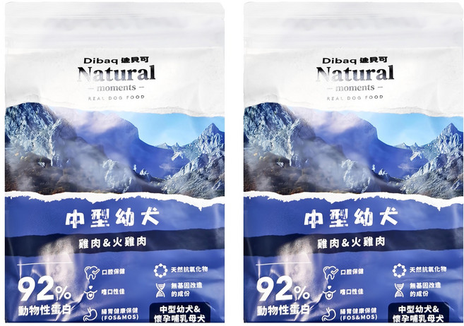 Dibaq Natural moments 中型幼犬用 自然嗑 犬糧, 雞肉 + 火雞肉, 300g, 2袋