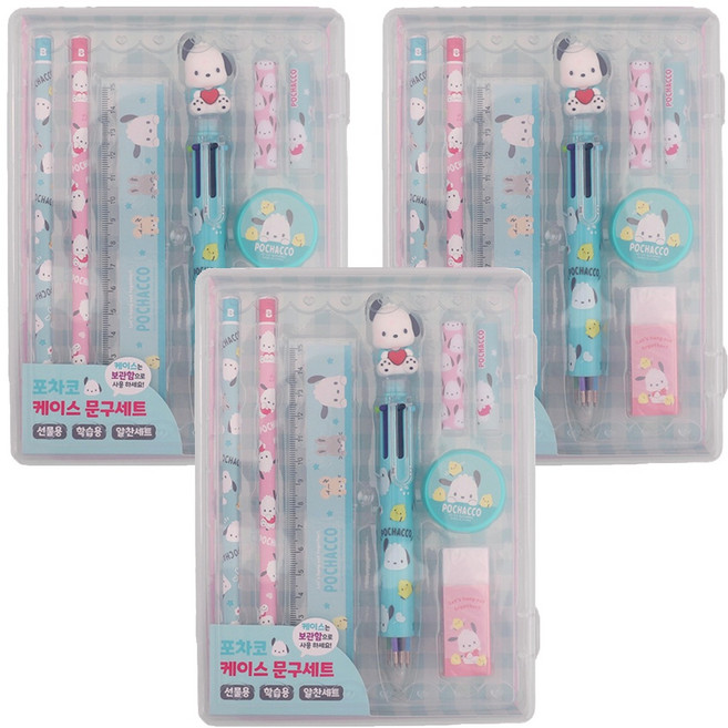 산리오캐릭터즈 포차코 케이스 문구세트, 3세트, 혼합색상