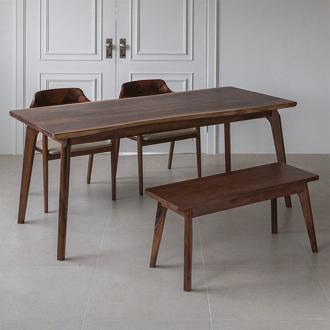 헤즈로 레스토 우드슬랩 원목 1400 I다리 식탁 + 베이지의자 2P + 벤치 세트 방문설치, 월넛, 일반 2 + 벤치 1