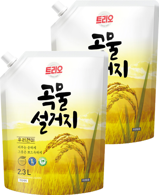 트리오 곡물설거지 우리현미 주방세제 리필, 2.3L, 2개