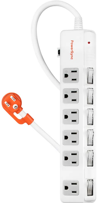 PowerSync 群加 6開6插斜面開關防雷擊抗搖擺延長線 27 x 5.7 x 2.85cm 830g, 4.5m, 白色, 1組