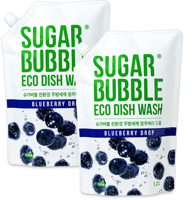 슈가버블 친환경 주방세제 블루베리 드롭 리필, 1.2L, 2개