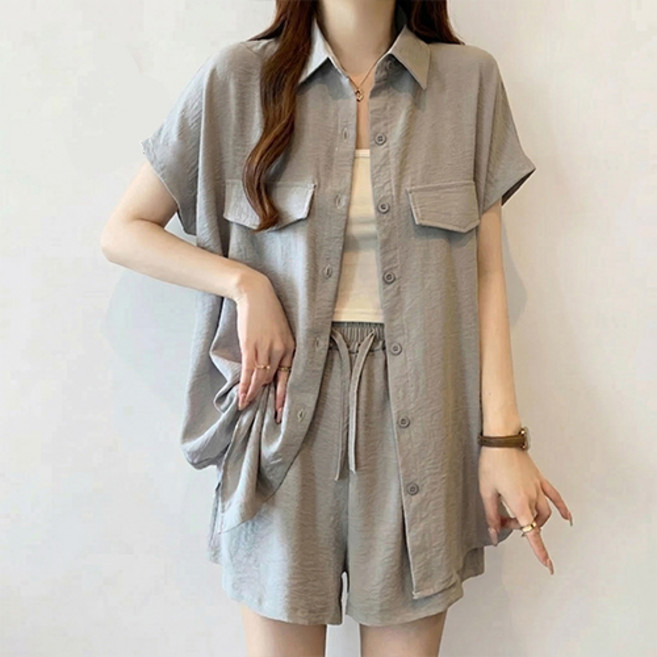 아이캔심플 여성용 루즈핏 밴딩 반팔 셔츠 + 반바지 세트