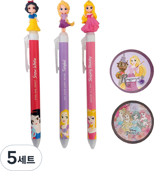디즈니 프린세스 마스코트 볼펜 3종 + 마스킹 테이프 2종 세트 C타입, 혼합색상, 5세트