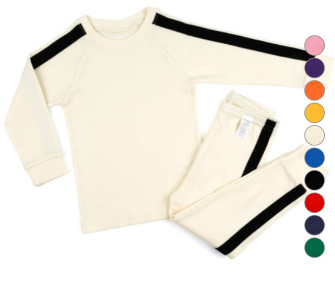 Maykids 童款30支棉素色線紋居家長袖衣褲套裝