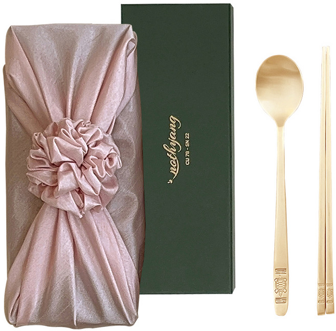 놋향 방짜유기 거북 1인 수저세트, 골드, 1세트, 거북 수저 + 연핑크 보자기
