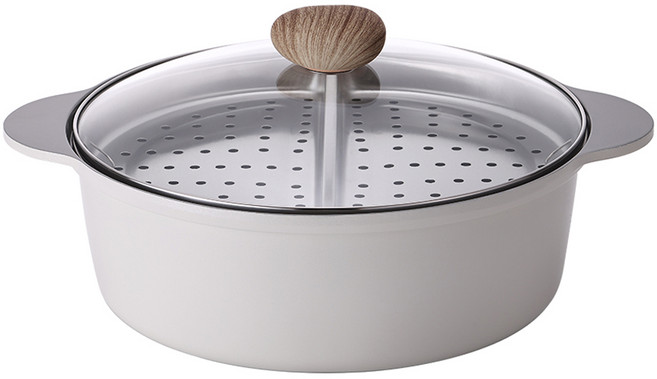 NEOFLAM 台灣原廠公司貨 陶瓷鑄造鴛鴦鍋IH + 蒸盤FIKA, 30cm, 白色, 1個