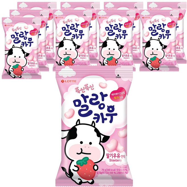 롯데웰푸드 말랑카우 딸기우유 캔디, 79g, 10개