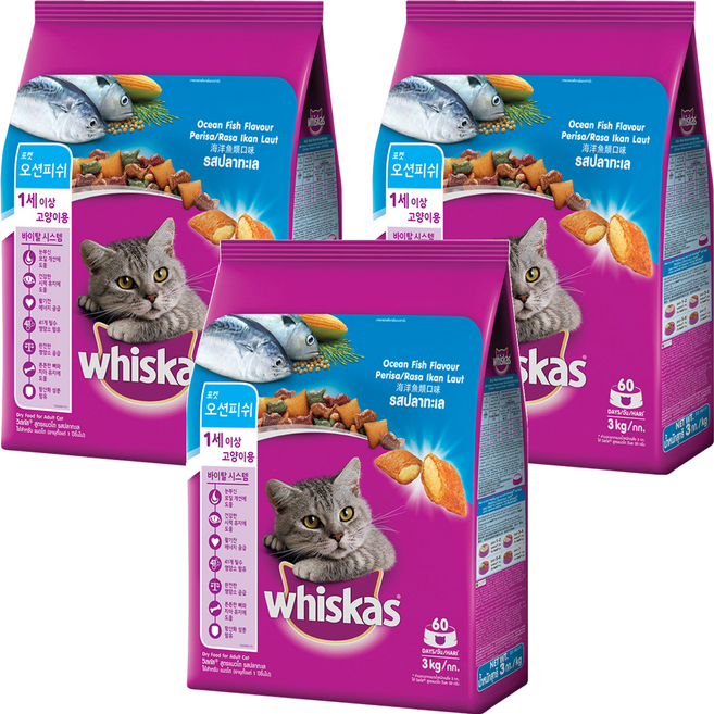 위스카스 고양이 포켓 오션피쉬 기능성 사료, 눈물개선/눈건강, 3kg, 3개