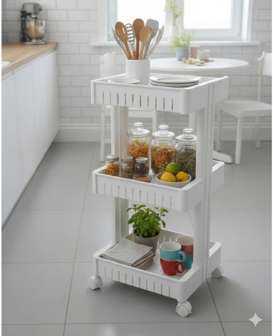 uh homedeco 多用途收納架推車 大型, 白色, 3層
