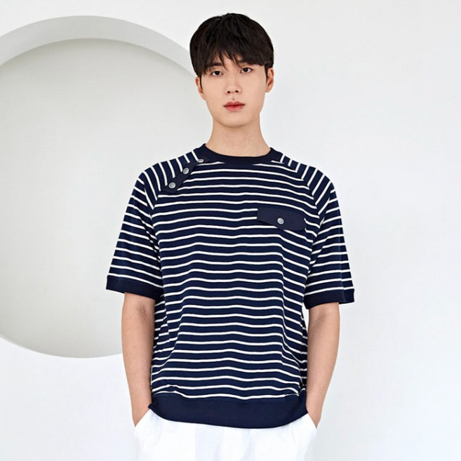 커스텀어스 남성용 통기성 스트라이프 언발런스 포인트 배색 라그랑 티셔츠 CXS23MKRT576