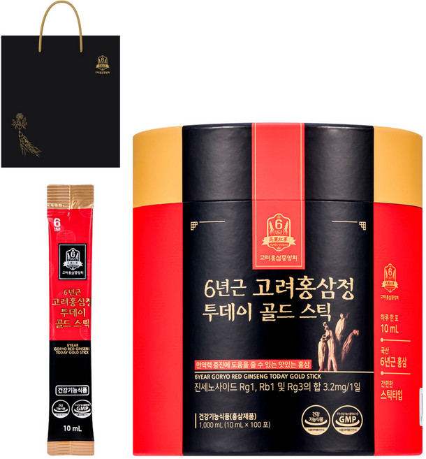고려홍삼중앙회 6년근 고려홍삼정 투데이 골드 스틱 + 쇼핑백, 10ml, 100개