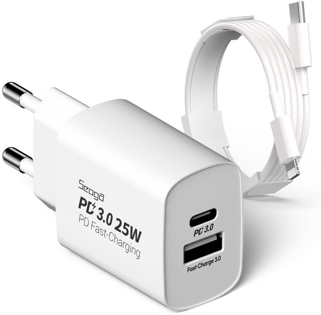 서가 C타입 초고속 충전기 25W PD3.0 PPS 2포트 멀티 + PD C to 라이트닝 8핀 케이블 1m 세트, 화이트, 1개