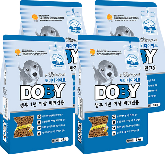 인터펫코리아 도비 어덜트 강아지 다이어트 건식사료, 곡물, 3kg, 4개
