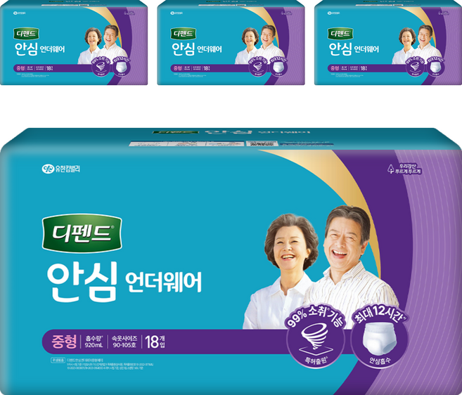 디펜드 남녀공용 안심 언더웨어 성인기저귀, 중형, 18개입, 4개