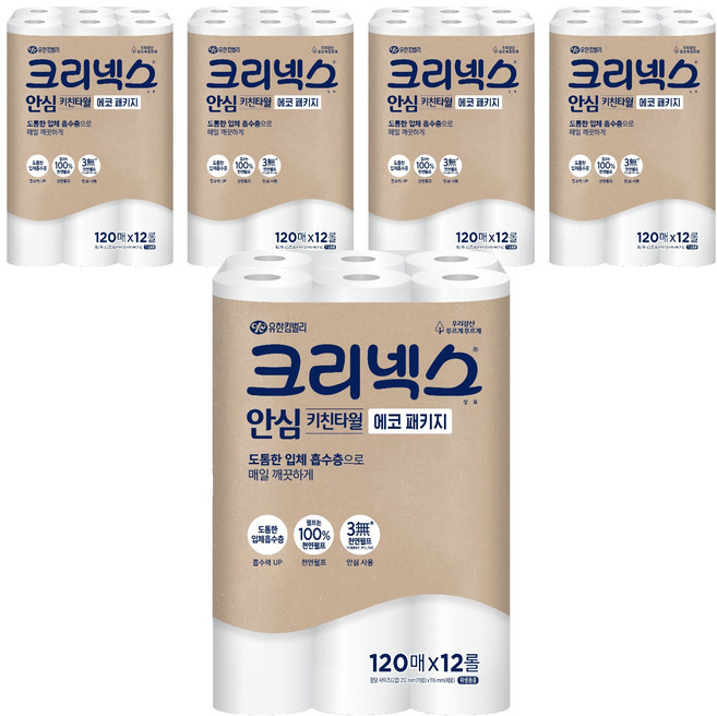 크리넥스 안심 천연펄프 키친타월 에코 패키지, 120매, 60개