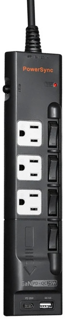 PowerSync 群加 GaN快充防雷擊延長線 4開3插 3孔 TS43Q018, 1.8m, 黑色, 1個