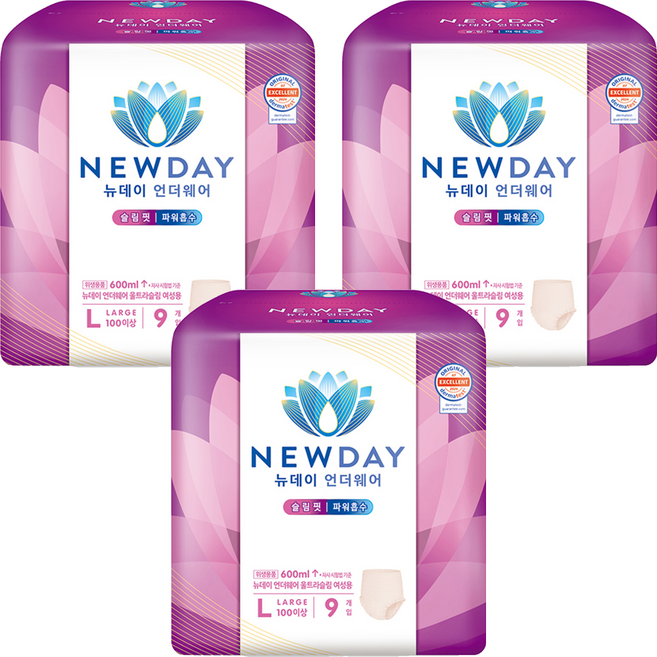 뉴데이 여성용 언더웨어 울트라슬림 성인기저귀, 대형, 9매입, 3세트
