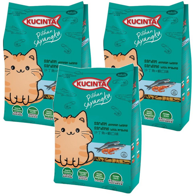 KUCINTA 科西塔 成貓用 乾糧, 沙丁魚 + 蝦口味, 1kg, 3袋