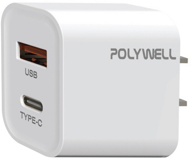 POLYWELL 寶利威爾 20W 雙孔 PD 充電器 快充 Type-C + USB-A BSMI認證 白色