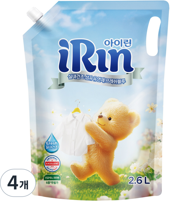 아이린 실내건조 섬유유연제 프레쉬블루 리필, 4개, 2.6L