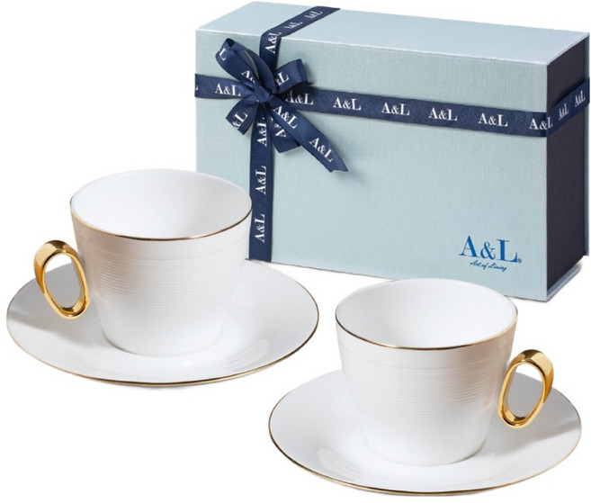 A&L 骨瓷咖啡對杯禮盒組 二杯二盤 1075g, 東方之星 白金色, 1組