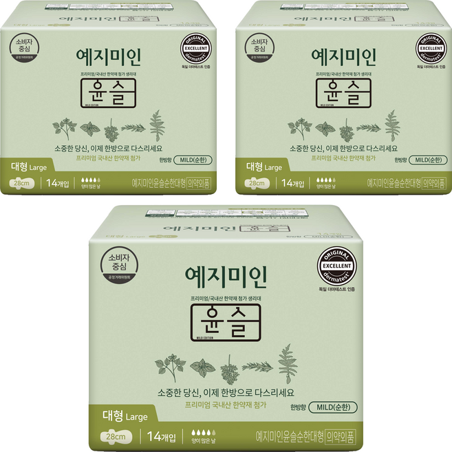 예지미인 윤슬 순한순면 생리대 날개형, 대형, 14개입, 3개