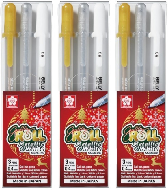GELLY ROLL 金屬&白色筆 3入組 0.4mm, 3套, 白色+金色+銀色