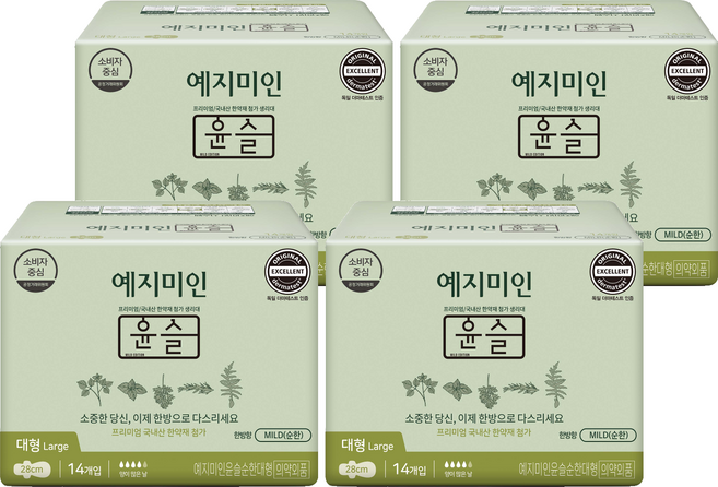 예지미인 윤슬 순한순면 생리대 날개형, 대형, 14개입, 4개