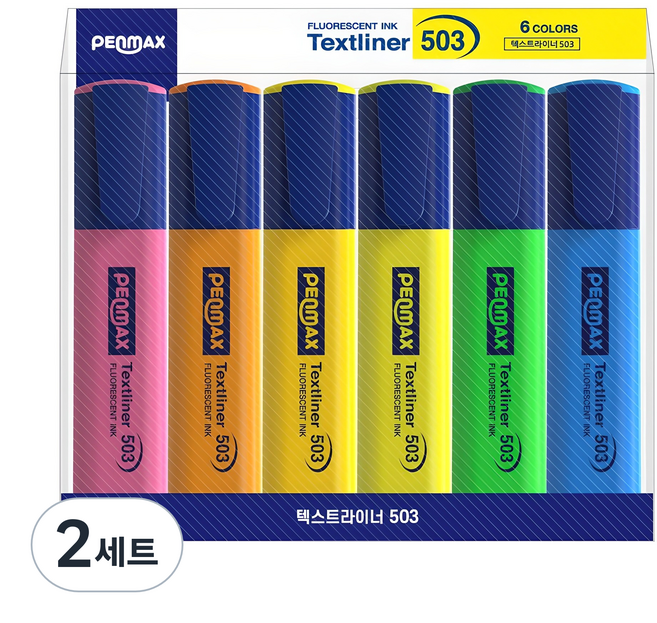 펜맥스 텍스트라이너 503 형광펜 6p 세트, 핑크, 오렌지, 허니옐로우, 옐로우, 그린, 블루, 2세트