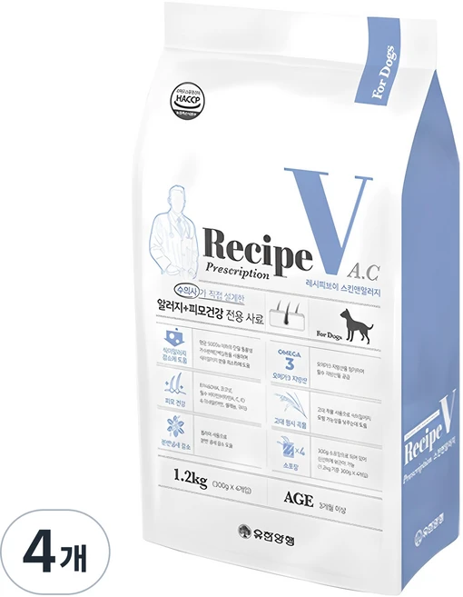 유한양행레시피브이 강아지 처방식사료, 피부/피모+알러지, 1.2kg, 4개 - 쿠팡