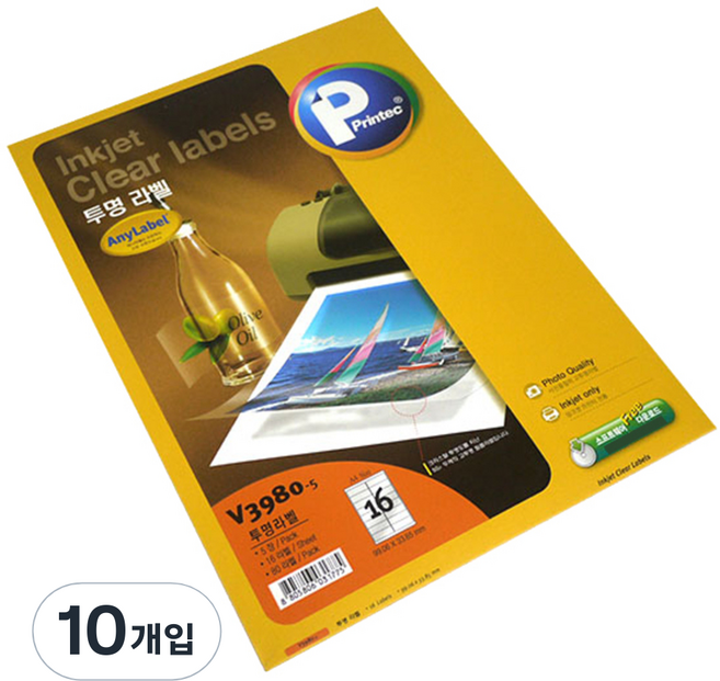 프린텍 투명 라벨지 V3980-5, 16칸, 10개