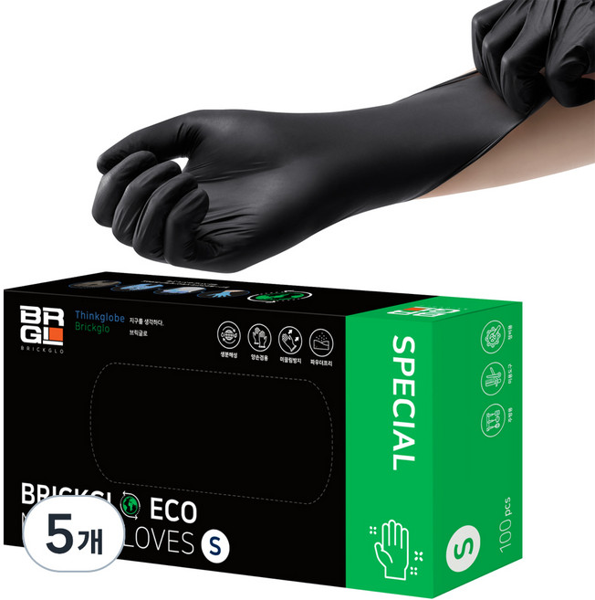 브릭글로 생분해성 에코 니트릴장갑 100p, 블랙, 소(S), 5개