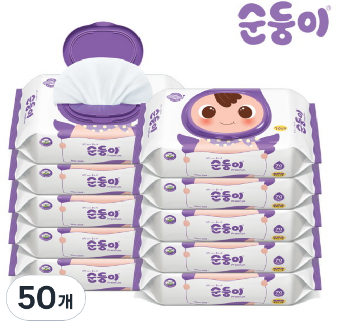 순둥이 프리미엄 엠보싱 아기 물티슈 캡형, 65g, 70매, 50개