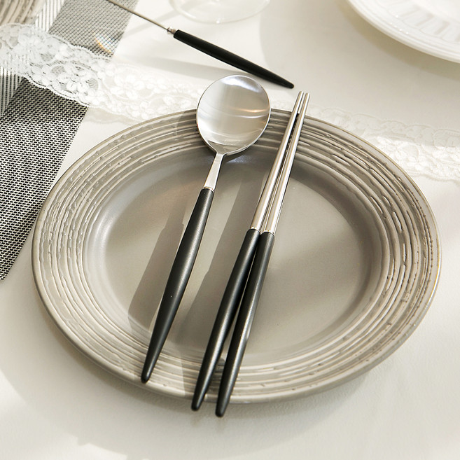 백산 보겐 국산 몽블랑 에펠 샤틴 수저 세트, 블랙, 숟가락 + 젓가락