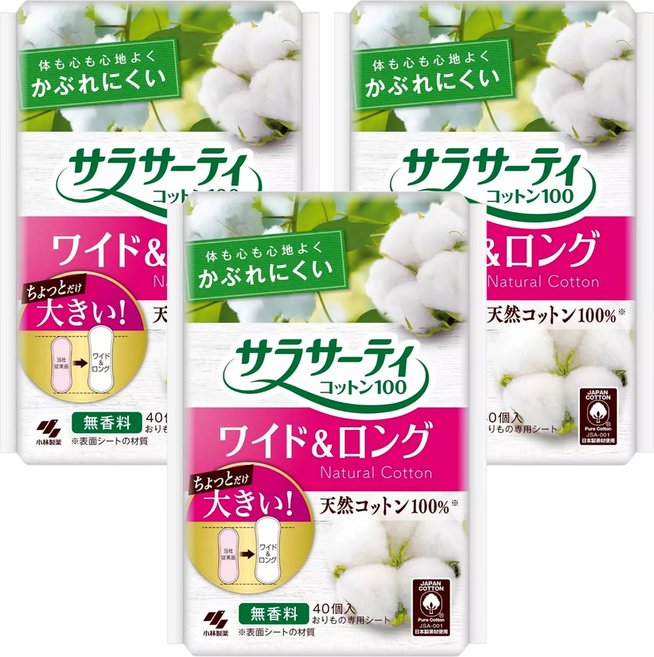 KOBAYASHI 小林製藥 棉花衛生棉 加寬加長版 無香料, 17cm, 40片, 3包, 17cm