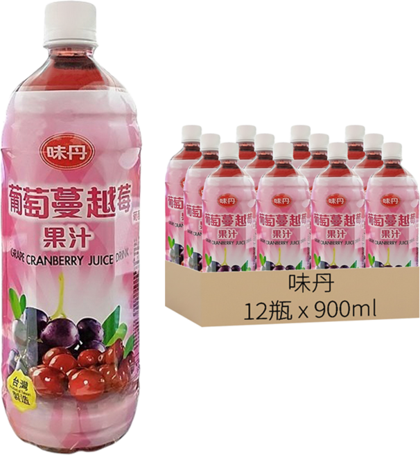 味丹 葡萄蔓越莓果汁, 900ml, 12瓶