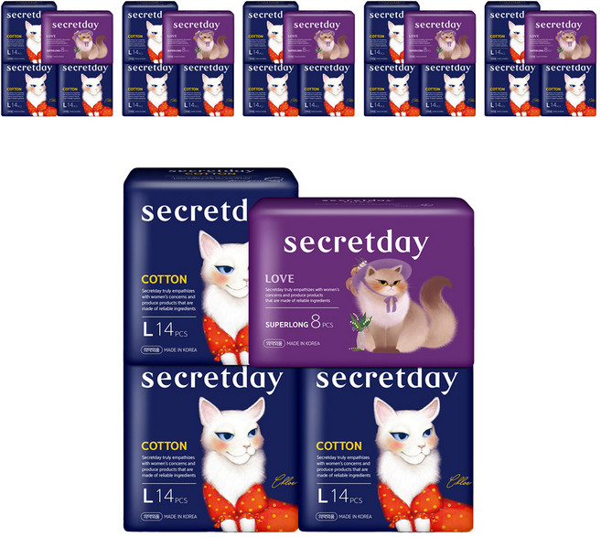 시크릿데이 생리대 코튼 대형 14p x 3팩 + 러브 슈퍼롱 오버나이트 8p, 6세트