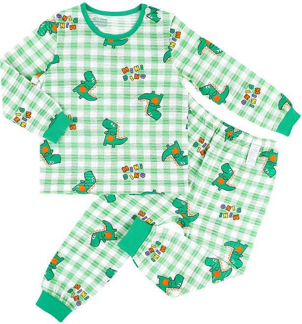 Maykids 男童款恐龍綠色格紋緹花9分袖家居套裝