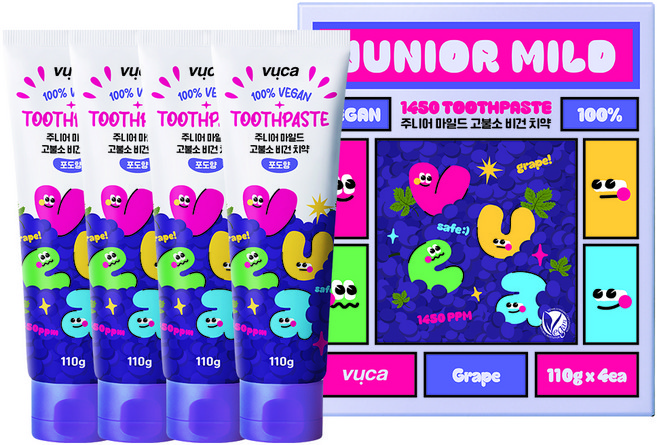 뷰카 주니어 마일드 고불소 구취케어 비건 어린이 치약 포도향, 110g, 4개