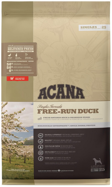 ACANA 愛肯拿 犬用 單一蛋白 低敏無穀乾飼料, 美膚鴨肉 + 梨子, 11.4kg, 1袋