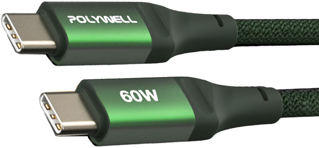 POLYWELL 寶利威爾 Type-C To Type-C PD編織快充線 60W 鋁合金 PW15-W45-M862, 2m, 綠色, 1條