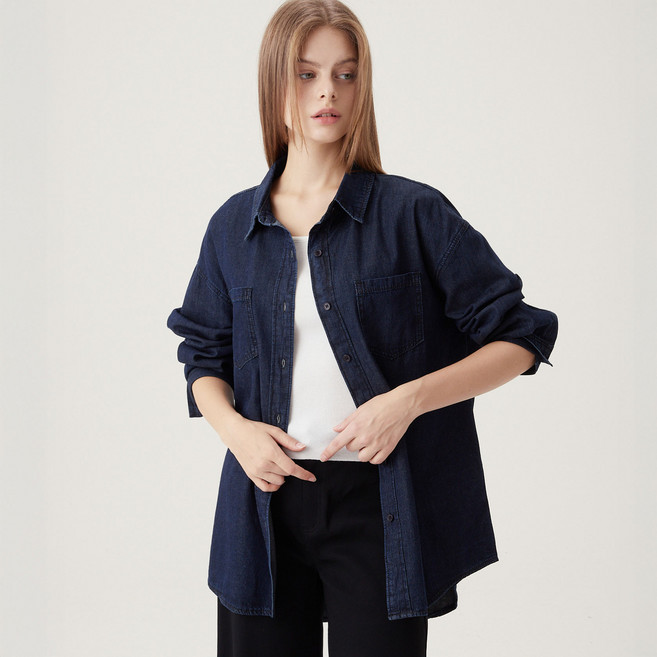 ELLEPARIS 여성용 루즈핏 생지 데님 셔츠