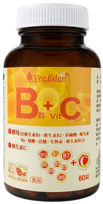 VegEden 蔬食伊甸園 酵母B群 + 維生素C錠, 490mg, 60顆, 1罐